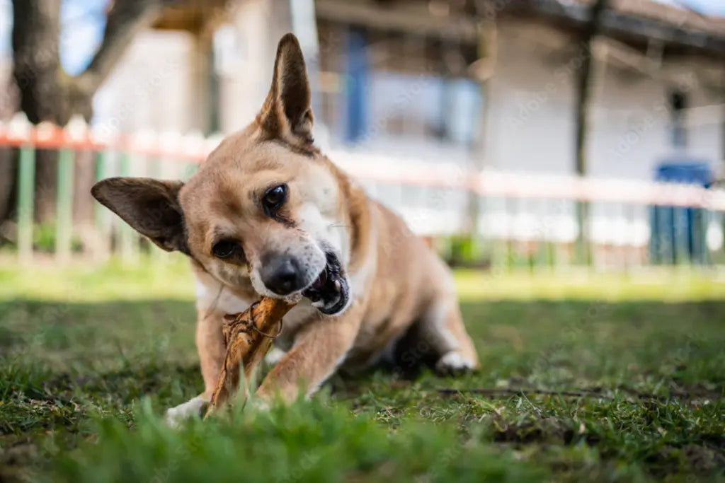 dog chewing elk antler